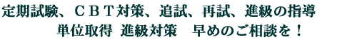 定期試験、ＣＢＴ対策、追試、再試、進級の指導 単位取得 進級対策　早めのご相談を！